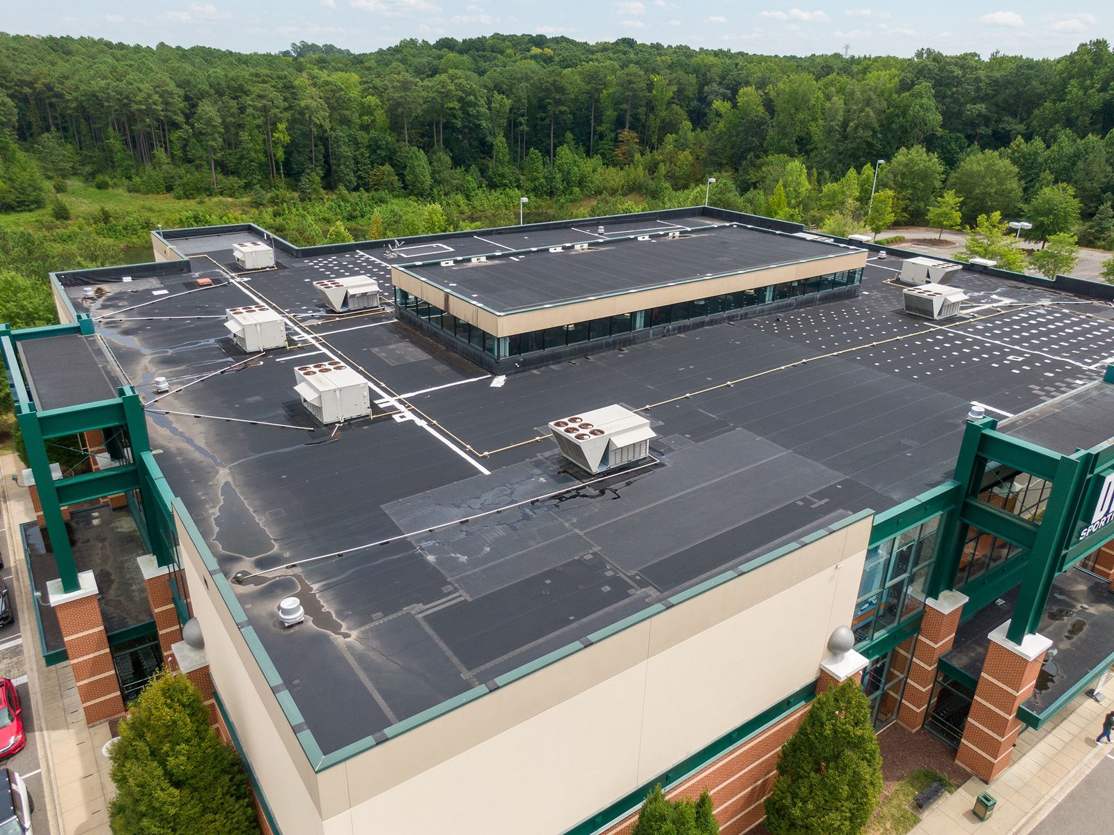 A large flat commercial roof seen from above